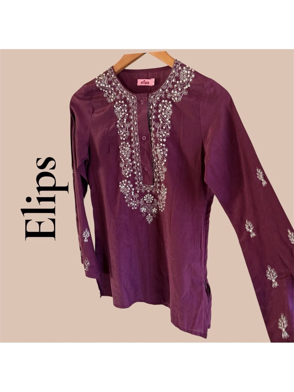 Elips Embellished Plum Kurta Tunic. Size Medium. Missing beads on sleeve. GUC